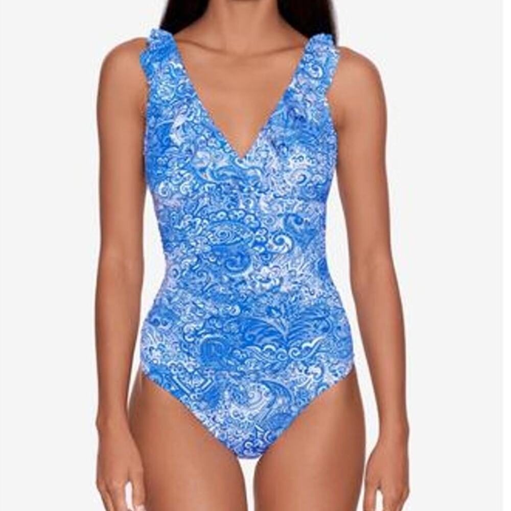 Ralph Lauren ARTISANAL WOODBLOCK Ruffled Tummy-Control Swimsuit US 4